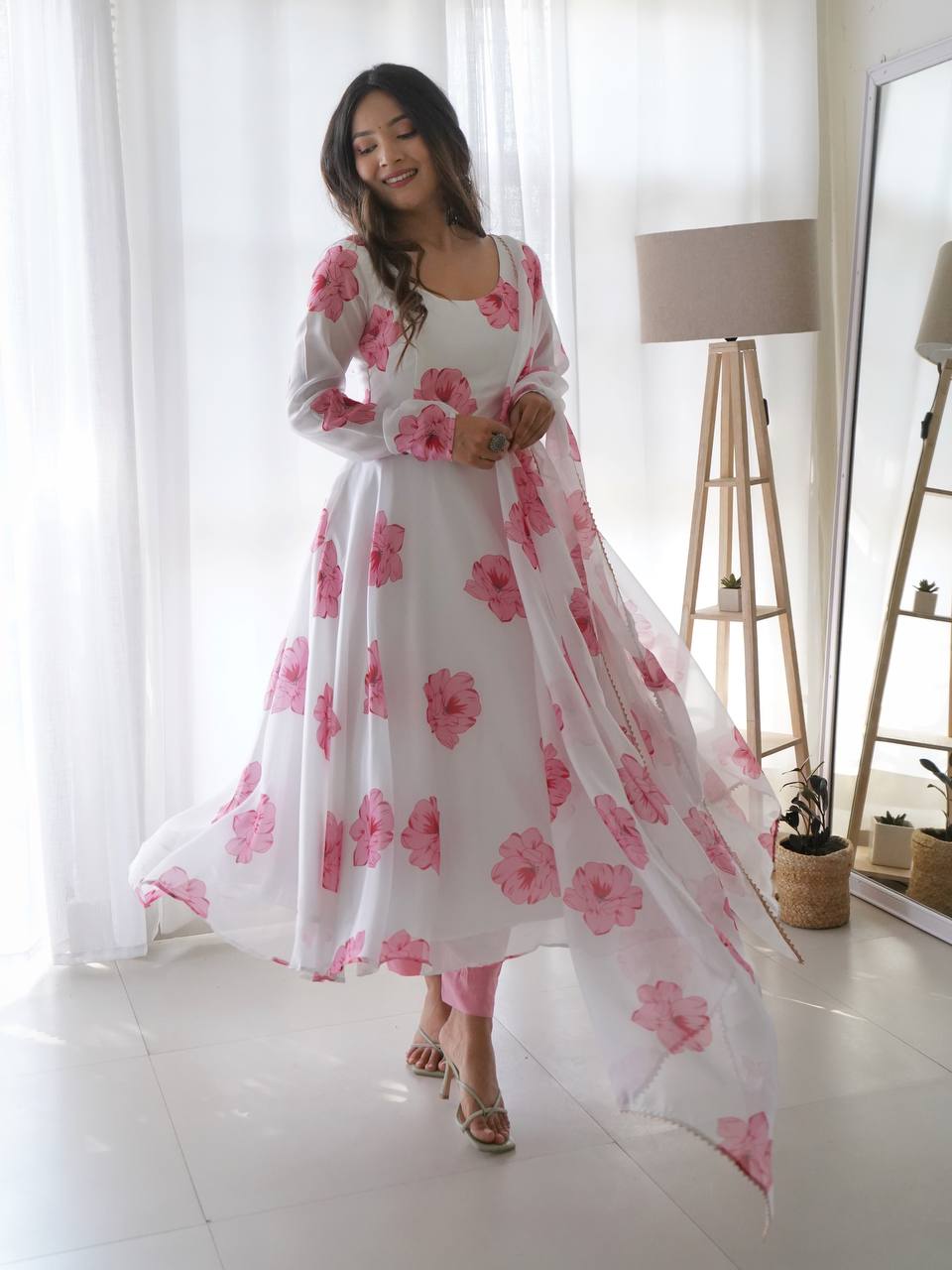 Stylish White Color With Pink Flower Print Soft Tabby Organza Base Party Wear Style Anarkali Suit With Pant and Dupatta Set