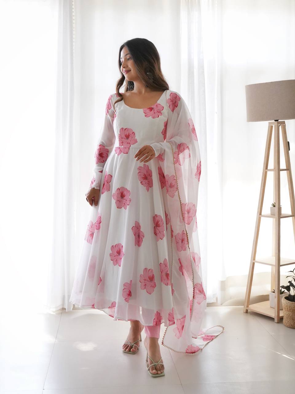 Stylish White Color With Pink Flower Print Soft Tabby Organza Base Party Wear Style Anarkali Suit With Pant and Dupatta Set