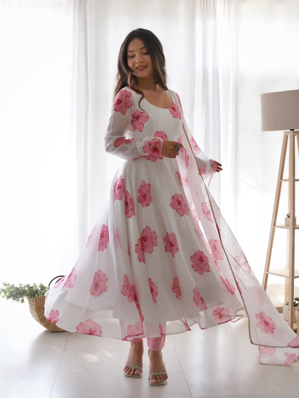 Stylish White Color With Pink Flower Print Soft Tabby Organza Base Party Wear Style Anarkali Suit With Pant and Dupatta Set