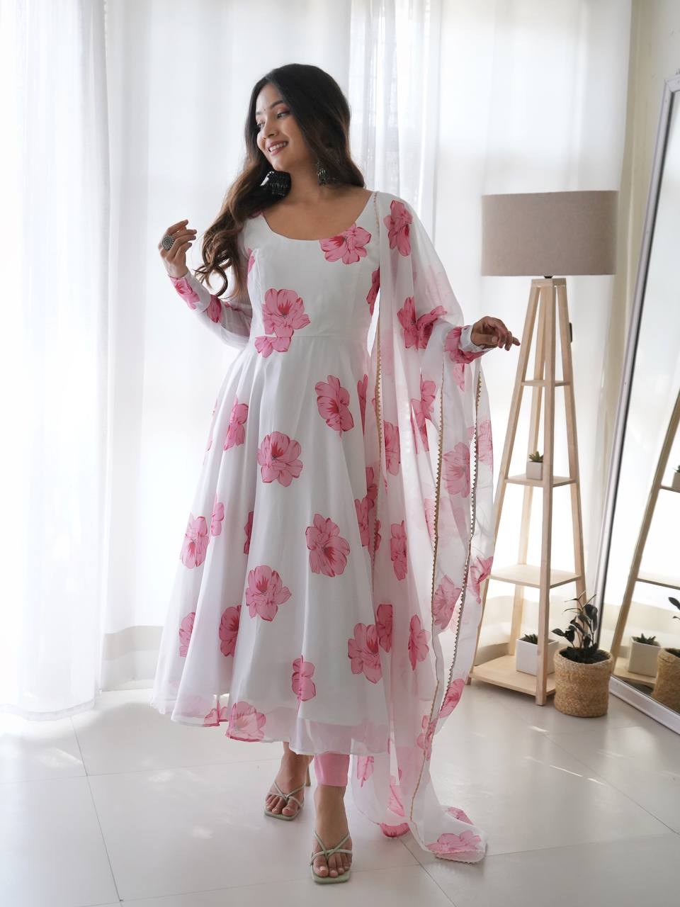 Stylish White Color With Pink Flower Print Soft Tabby Organza Base Party Wear Style Anarkali Suit With Pant and Dupatta Set