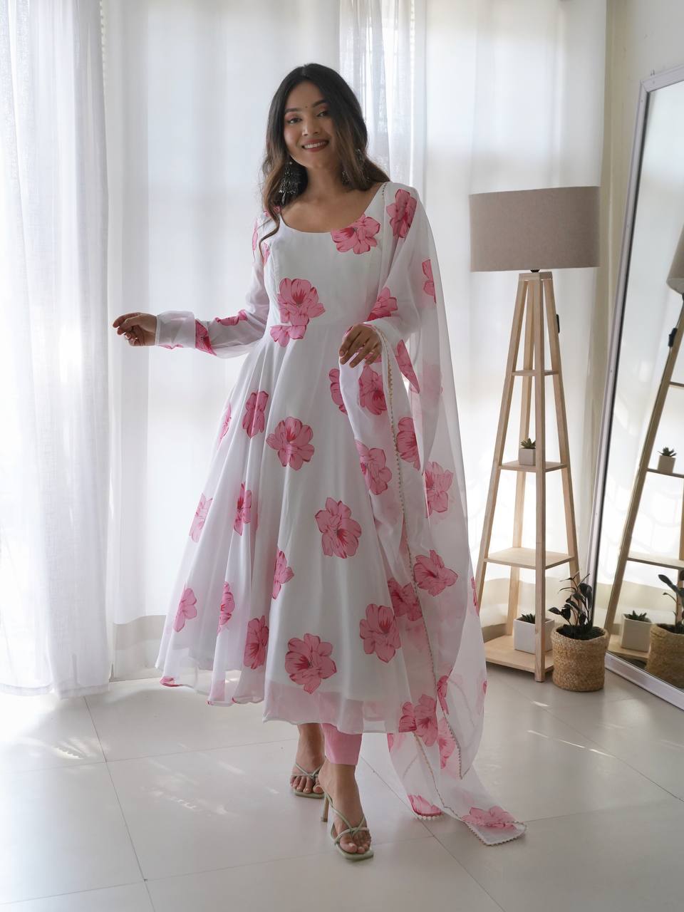 Stylish White Color With Pink Flower Print Soft Tabby Organza Base Party Wear Style Anarkali Suit With Pant and Dupatta Set