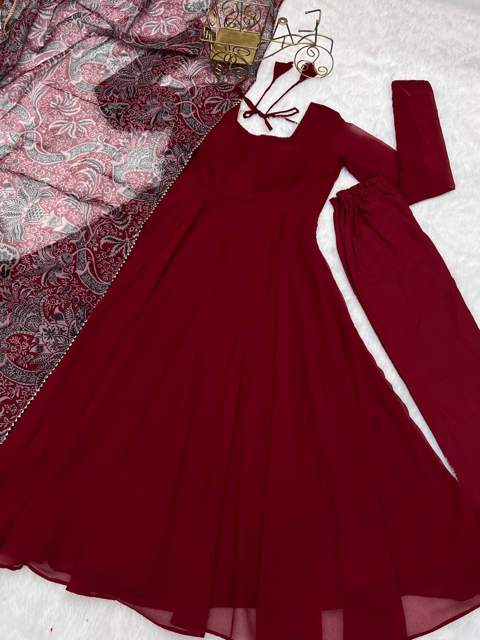 Trendy Maroon Color Faux Georgette Base Party Wear Style Suit With Pant and Dupatta Set