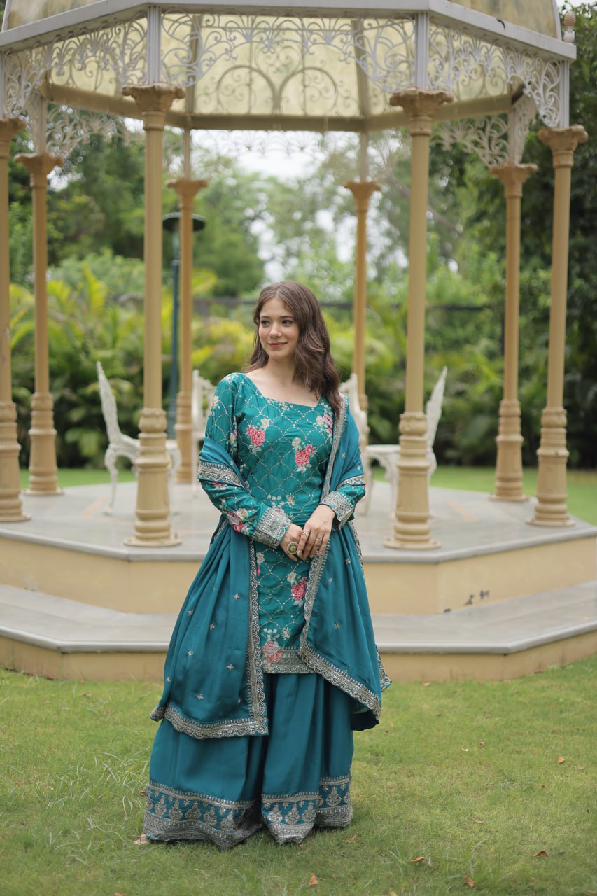 Designer Chinon Silk Traditional Sharara Suit with Thread and Sequin Embroidery – Wedding & Festive Wear