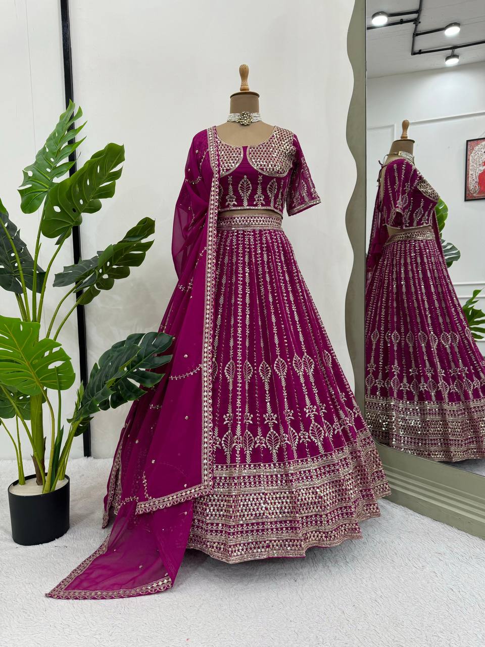 Rani Pink Embroidered Georgette Lehenga Choli for wedding and function