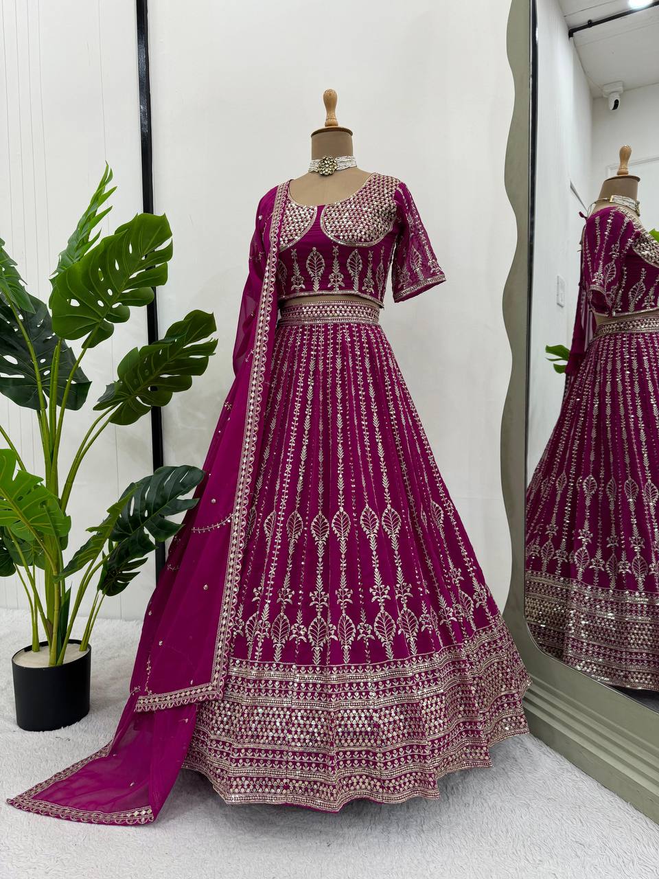 Rani Pink Embroidered Georgette Lehenga Choli for wedding and function