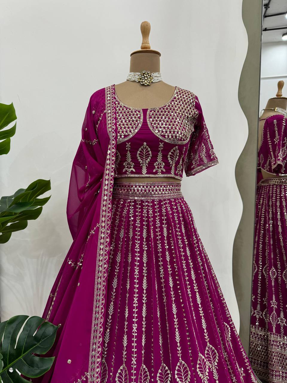 Rani Pink Embroidered Georgette Lehenga Choli for wedding and function