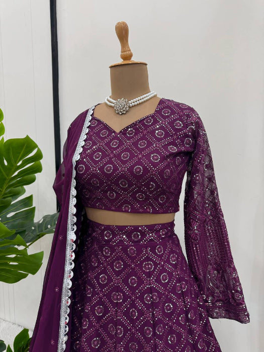 Front view of Wine Georgette Embroidered Lehenga Choli for Women – Perfect for Weddings and Festive Occasions