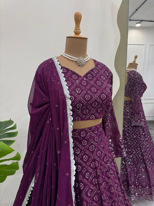 Front view of Wine Georgette Embroidered Lehenga Choli for Women – Perfect for Weddings and Festive Occasions