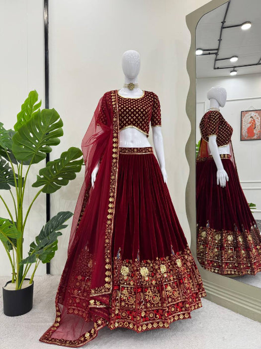 Complete set of Maroon Velvet Lehenga Choli with embroidered blouse and dupatta – Perfect for Special Occasions