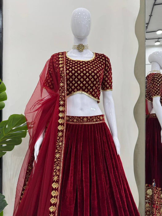 Complete set of Maroon Velvet Lehenga Choli with embroidered blouse and dupatta – Perfect for Special Occasions