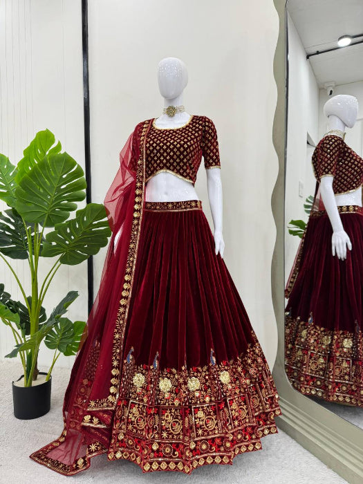 Close-up of intricate embroidery on Maroon Velvet Lehenga Choli – Elegant Ethnic Wear for Women