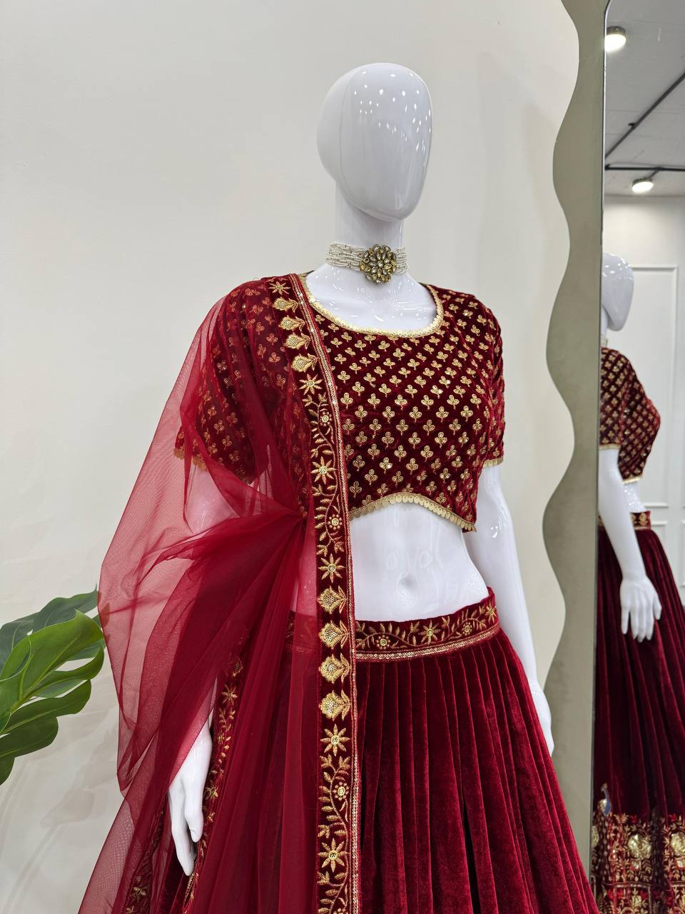 Front view of Maroon Velvet Embroidered Lehenga Choli for Women – Ideal for Weddings and Festive Wear