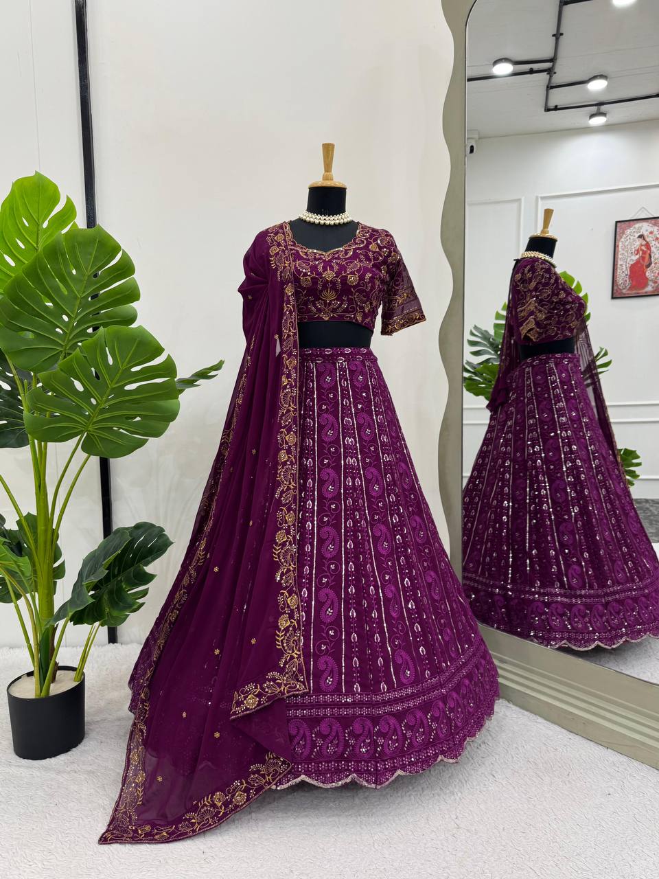 Front view of Brinjal Embroidered Lehenga Choli for Women – Elegant Ethnic Wear for Weddings