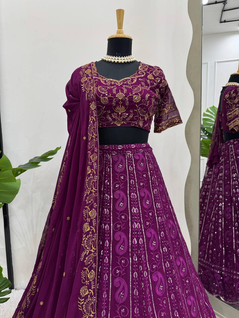 Close-up of intricate embroidery on Brinjal Lehenga Choli – Luxurious Ethnic Outfit for Women