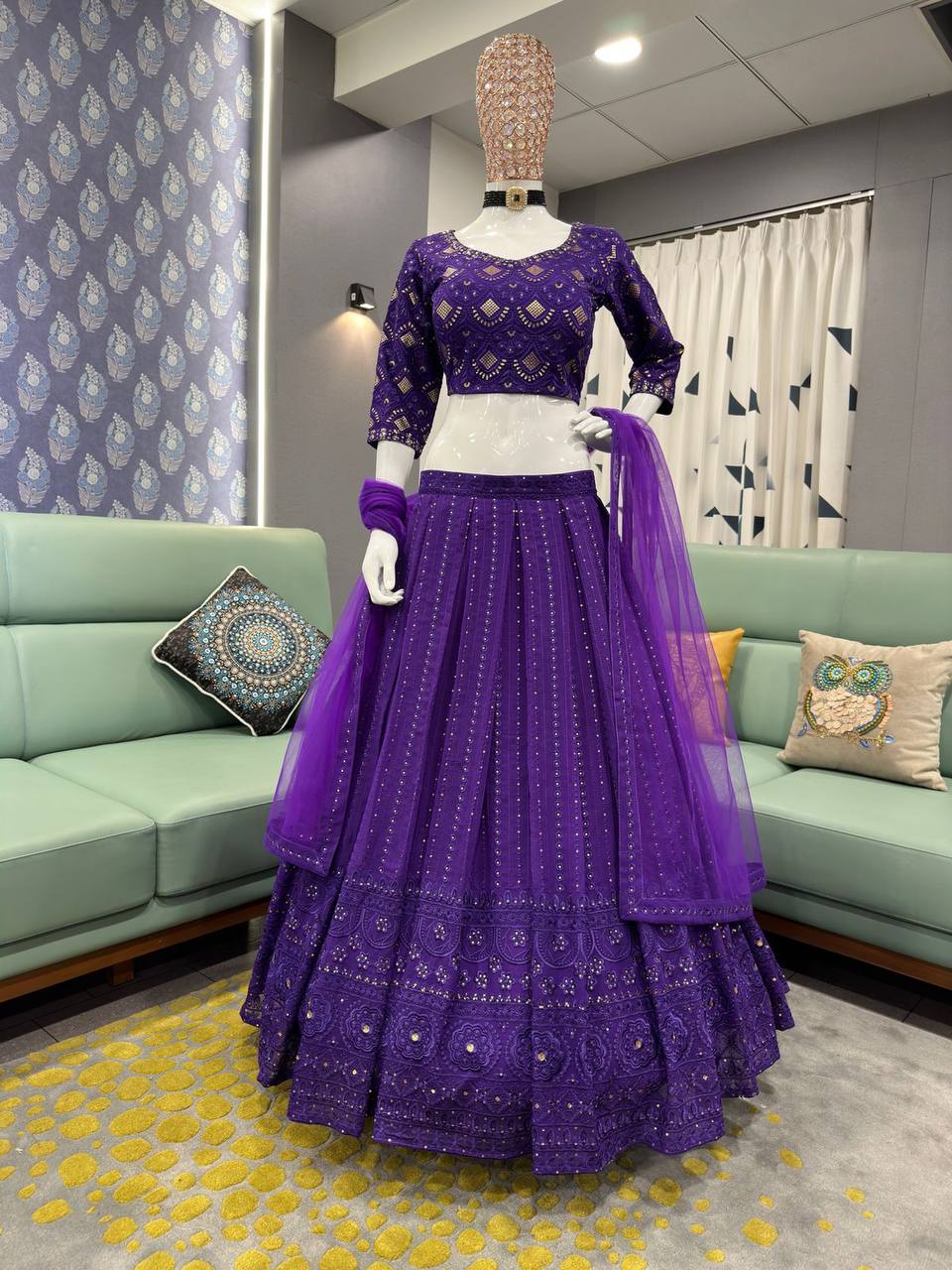 Front view of Purple Lucknowi Embroidered Lehenga Choli for Women – Elegant Ethnic Wear for Weddings