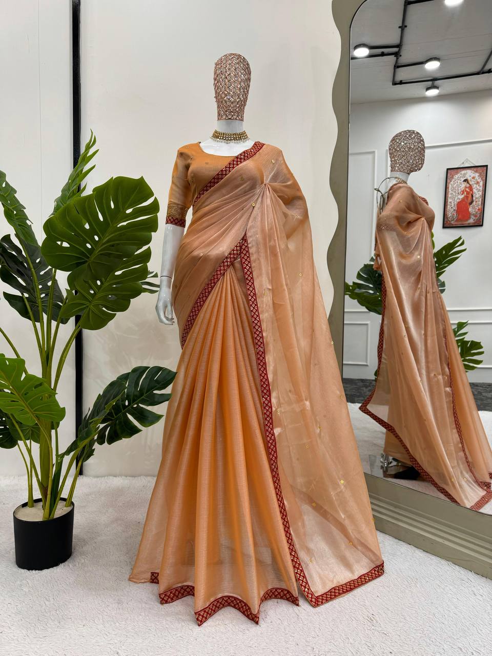 Rose Gold Burberry Silk Saree with machine embroidery – Luxury saree for weddings and special occasions