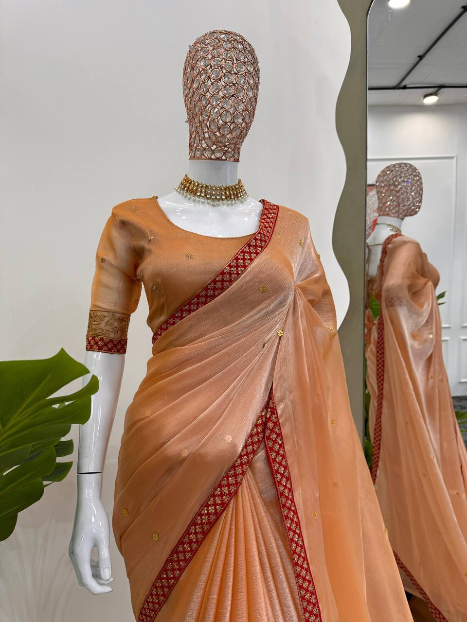 Rose Gold Burberry Silk Saree with machine embroidery – Luxury saree for weddings and special occasions