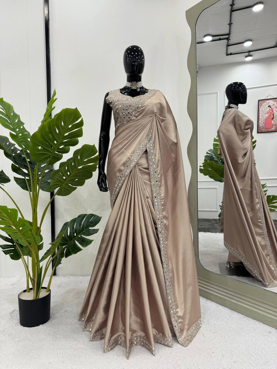 Dusty Color Japan Satin Saree with Mirror Work – Luxury saree for weddings and special occasions