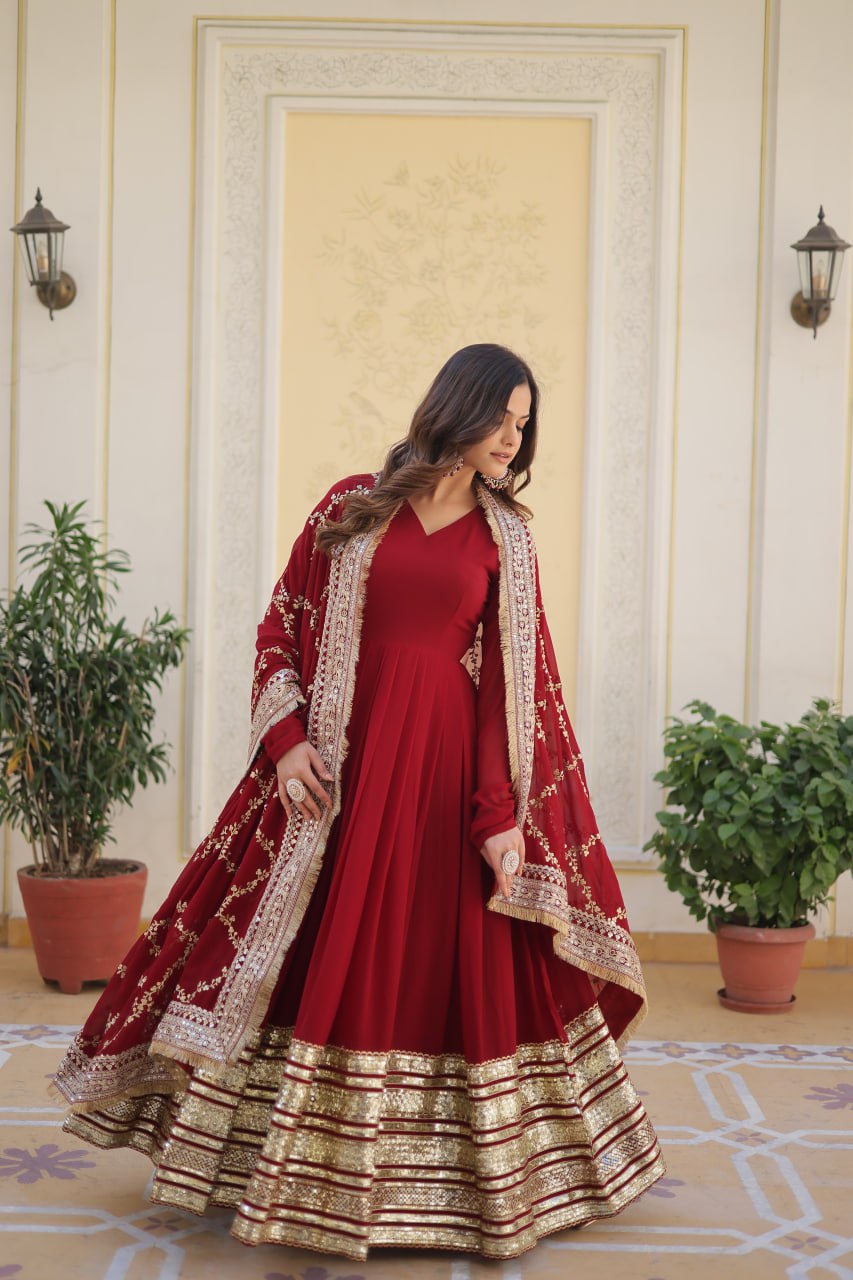 Heavy Duppatta Maroon Georgette Anarkali Suit for Women – Ethnic Wear for Weddings and Festivals