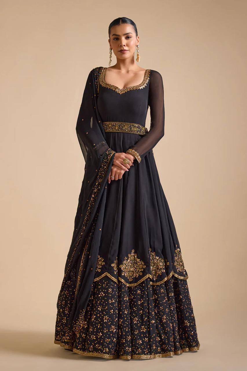 Beauty Black Royal Look Anarkali Style Based in Soft Georgette Fabric Designer Suit