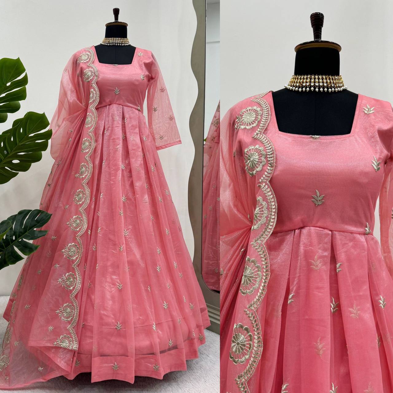 Beautiful Baby Peach Fully Flaired Anarkali in Soft Silk Organza Fabric Designer Suit