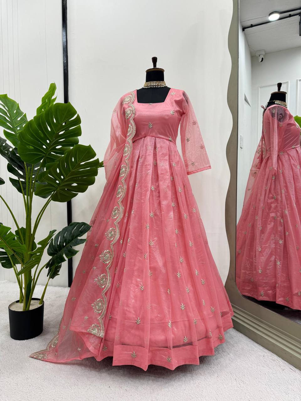 Beautiful Baby Peach Fully Flaired Anarkali in Soft Silk Organza Fabric Designer Suit