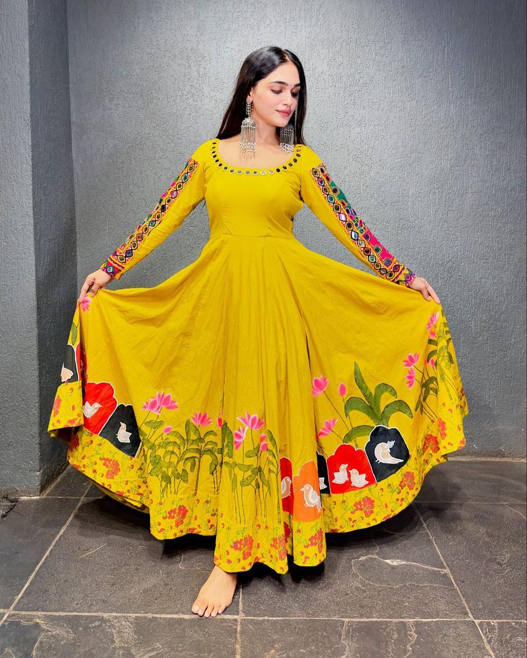 Yellow Stylish Anarkali For Upcoming Navratri Festivals in Fully Flared Style Based in Soft Georgette Fabric Designer Suit