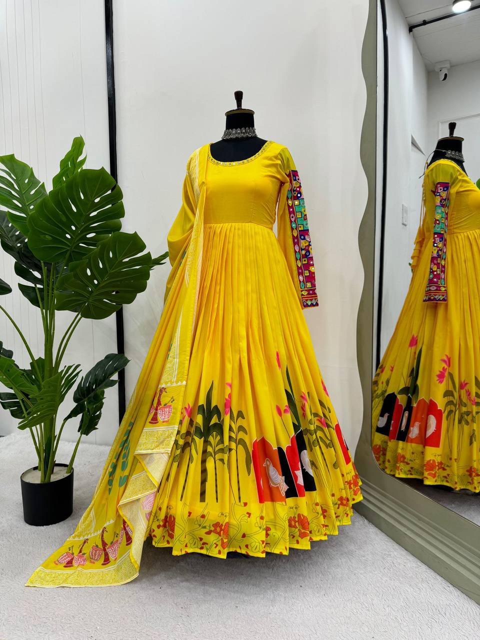 Yellow Stylish Anarkali For Upcoming Navratri Festivals in Fully Flared Style Based in Soft Georgette Fabric Designer Suit