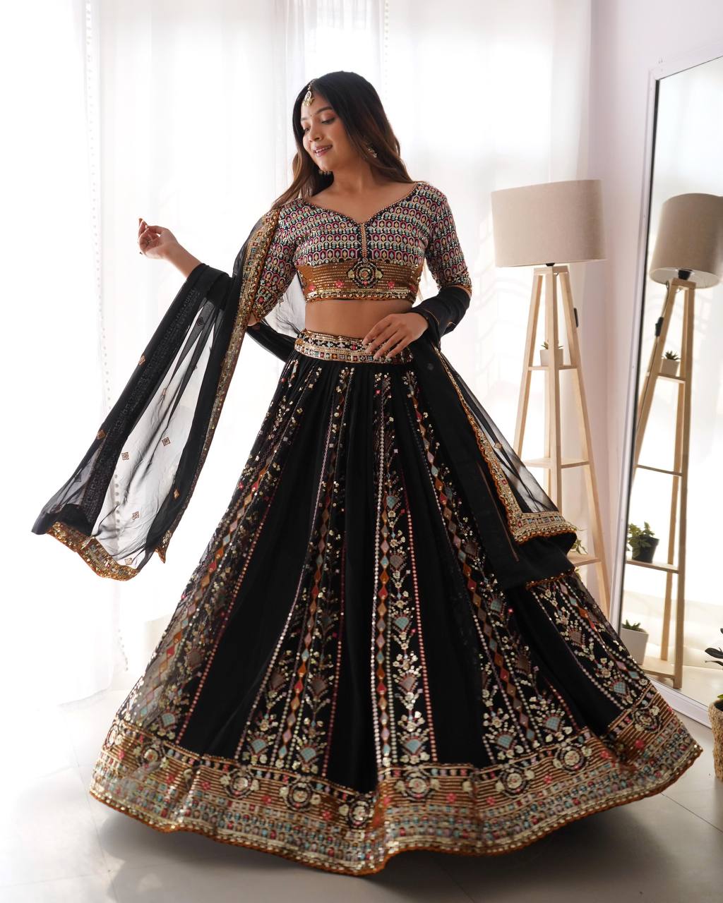 Stunning Black Color Fully Flaired Faux Georgette Base Lehenga Choli Set