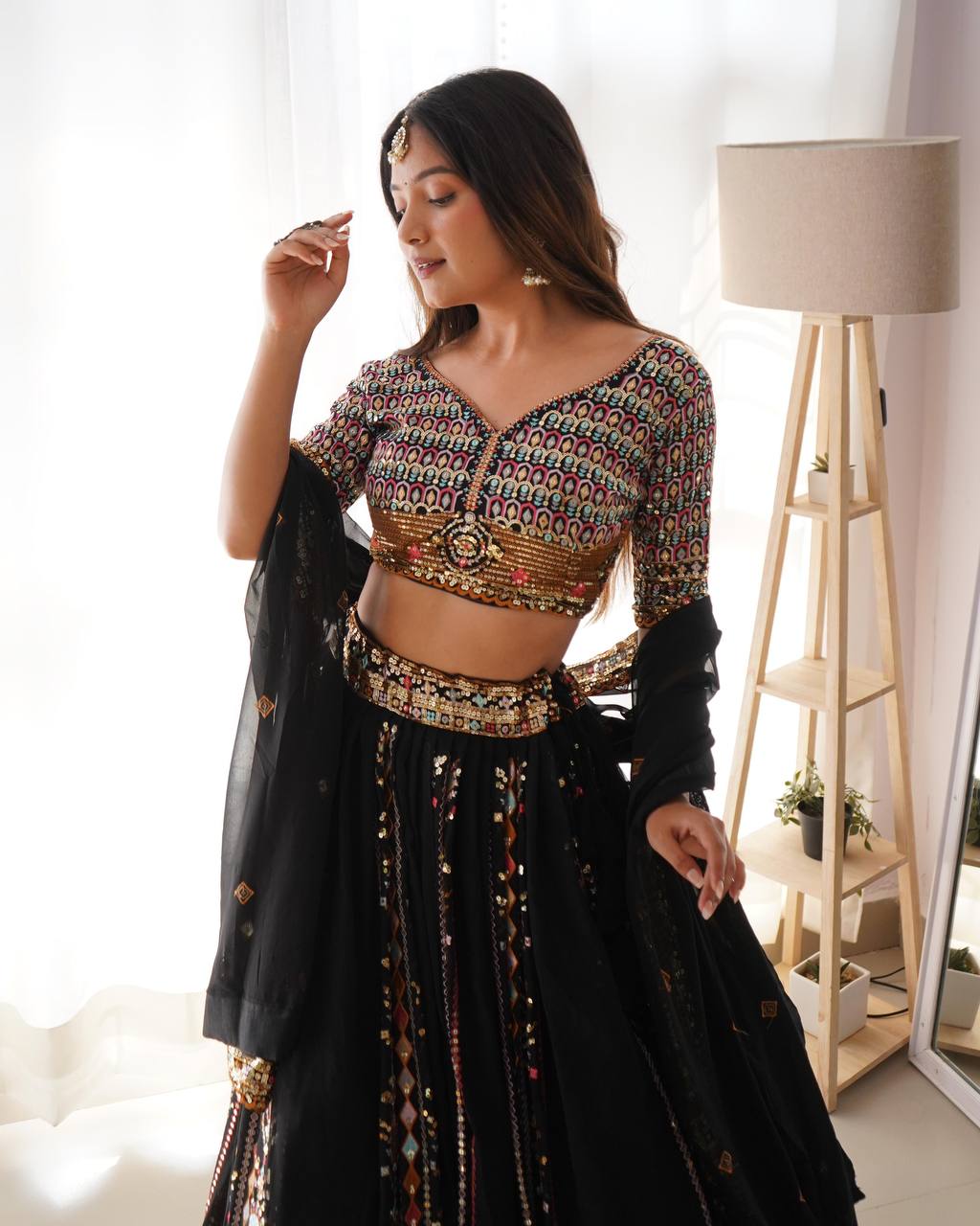 Stunning Black Color Fully Flaired Faux Georgette Base Lehenga Choli Set