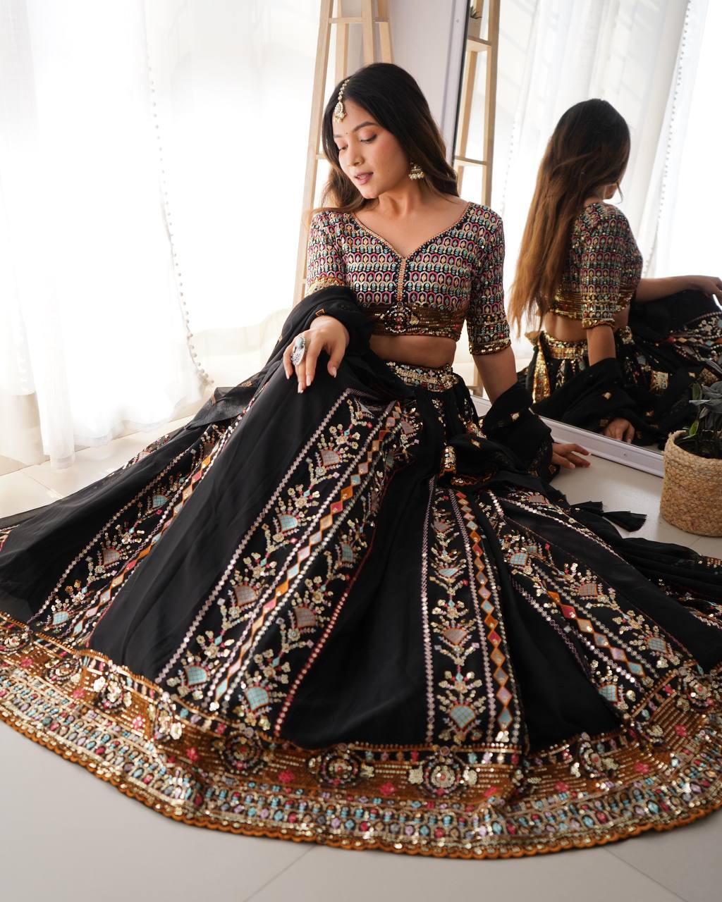 Stunning Black Color Fully Flaired Faux Georgette Base Lehenga Choli Set