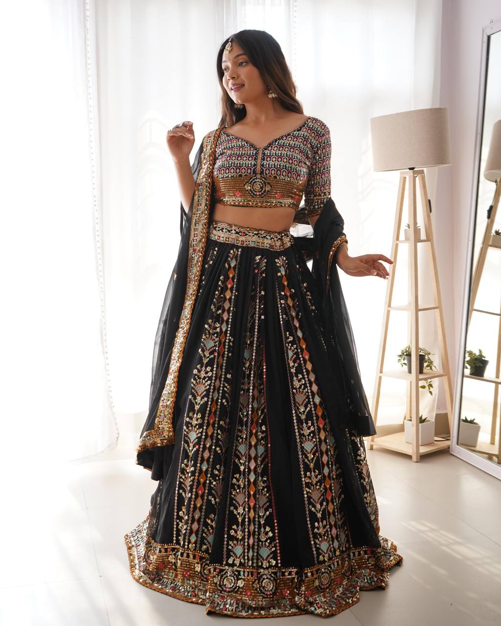 Stunning Black Color Fully Flaired Faux Georgette Base Lehenga Choli Set