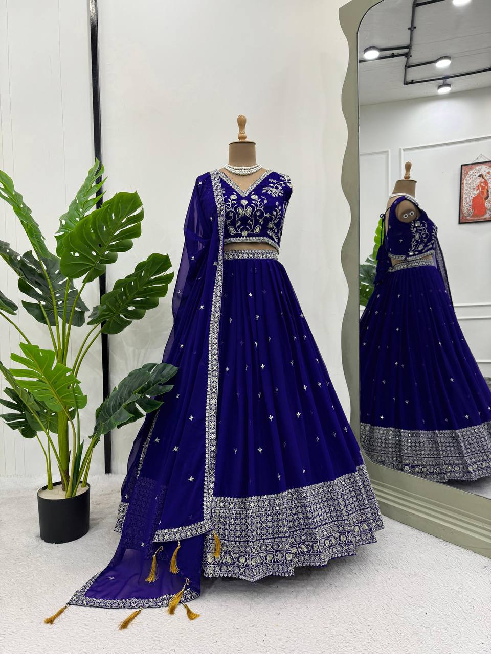 Beauty Blue Fully Flaired Faux Georgette Base Lehenga Choli Set