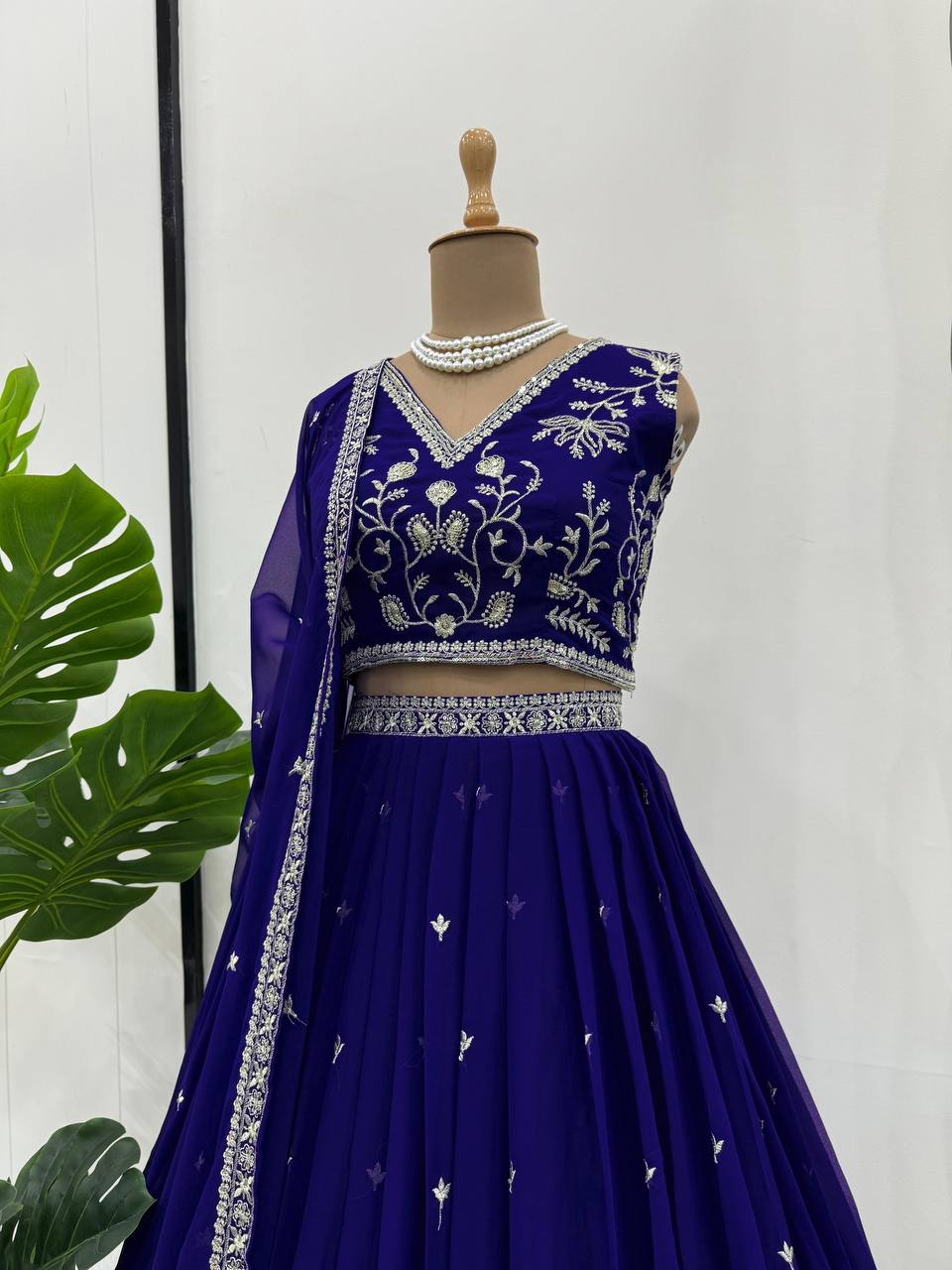 Beauty Blue Fully Flaired Faux Georgette Base Lehenga Choli Set