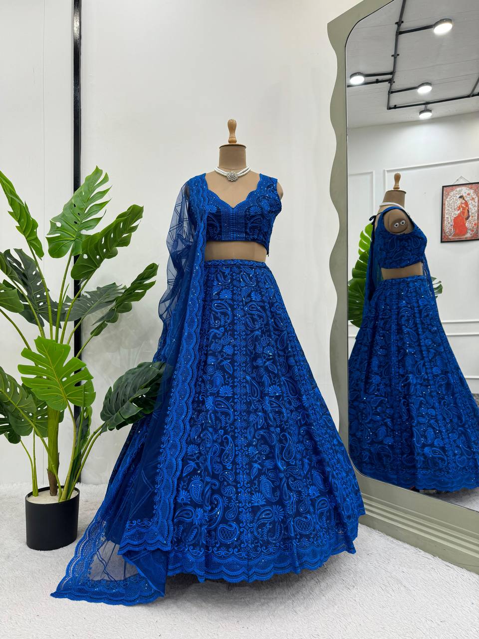 Classy Blue Color Fully Flaired Faux Georgette Base Fully Stitched Lehenga Choli Set