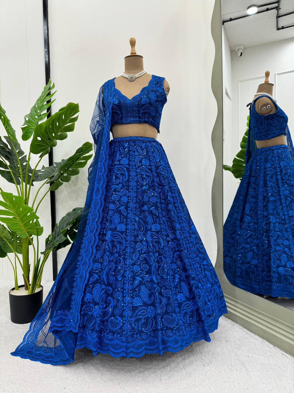 Classy Blue Color Fully Flaired Faux Georgette Base Fully Stitched Lehenga Choli Set