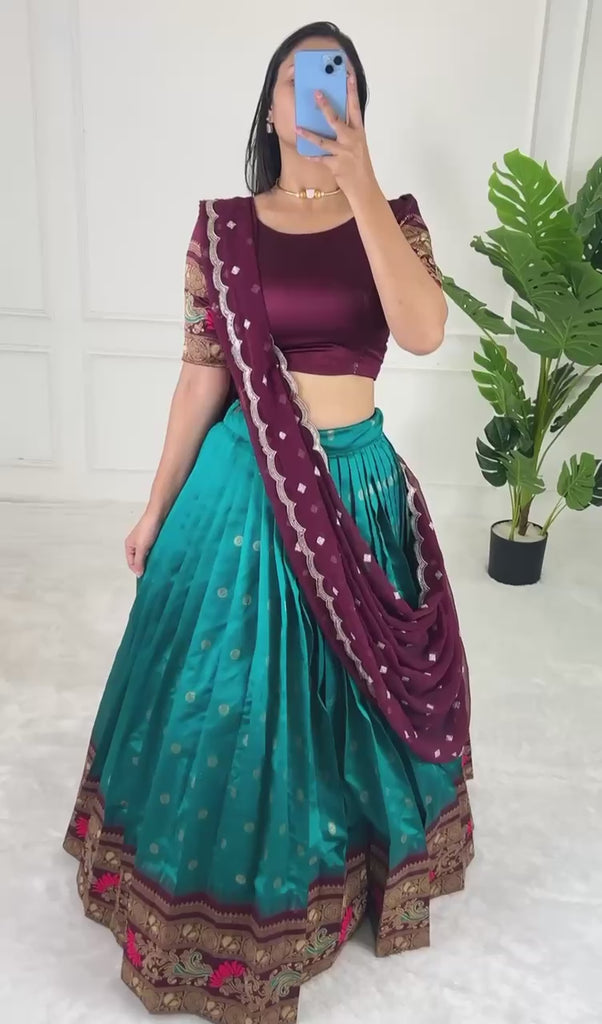 Firozi South India Special Jacquard Lehenga Choli – Perfect for Sankranti, Pongal, Onam, and Weddings