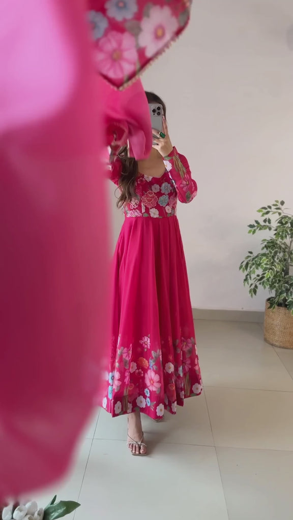 Front view of Pink Embroidered Anarkali Suit with Floral Digital Print for Women – Elegant Ethnic Wear